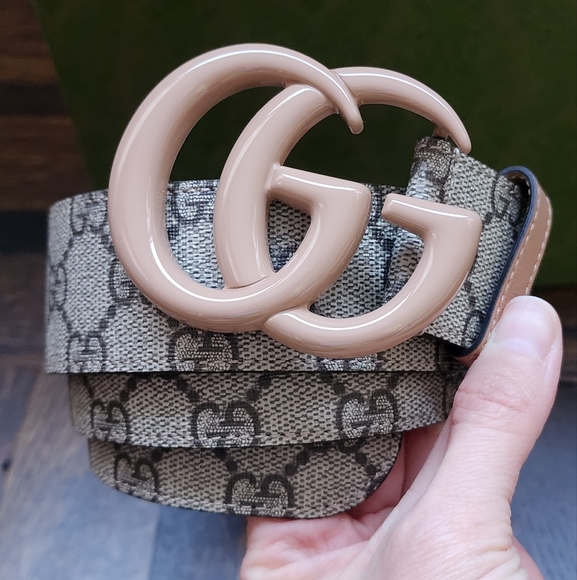 $599 Brand New Gucci GG Marmont Supreme Belt Canvas Nude 90/36 Enamel Buckle